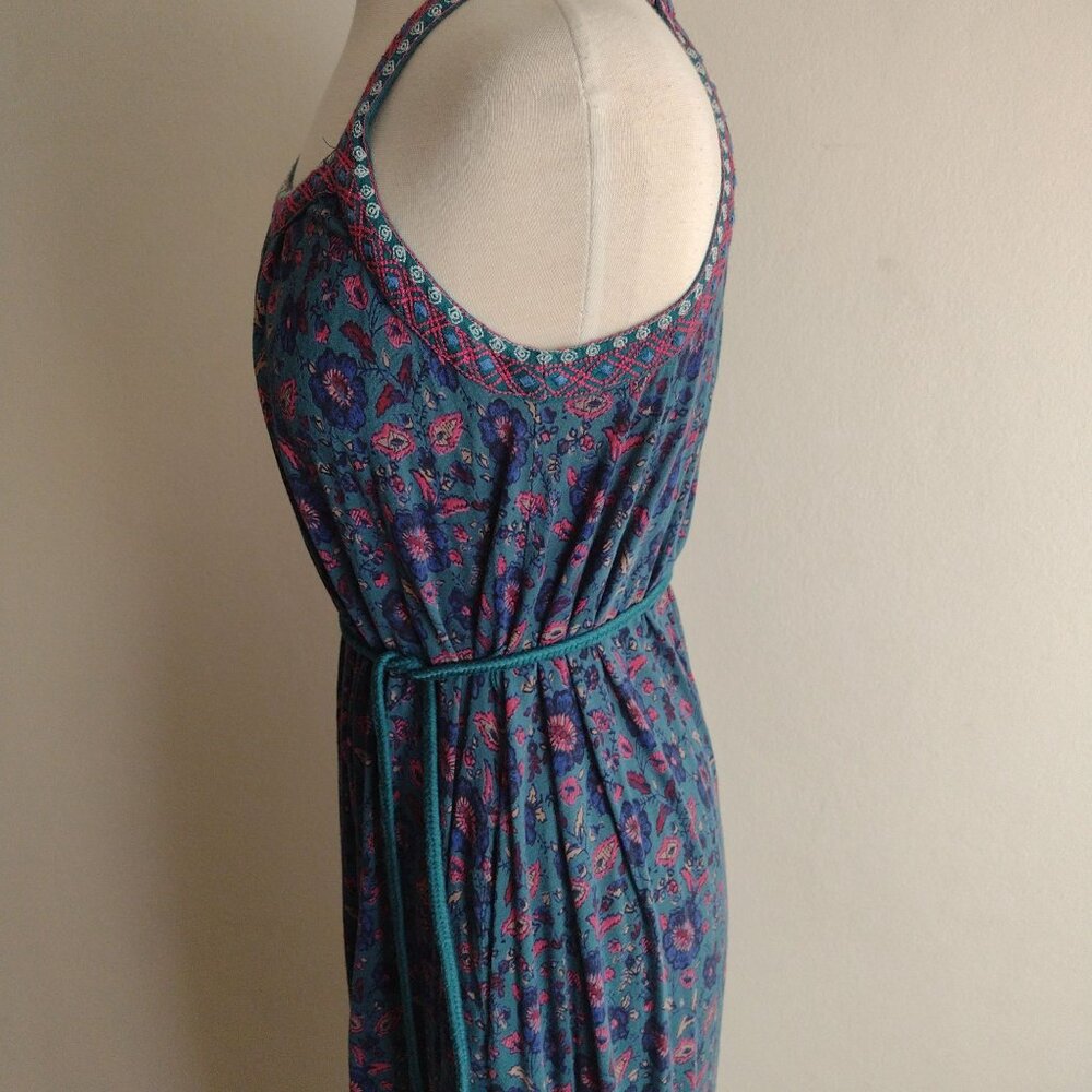 Lucky Brand Teal Floral Dress S Relaxed Knit Boho Jewel Tone Embroidered Maxi - Picture 9 of 12